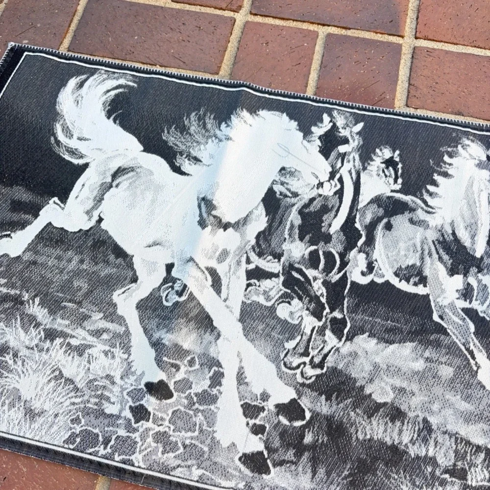 Vintage Chinese Woven Tapestry Galloping Horses Black White Wall Art 38x16